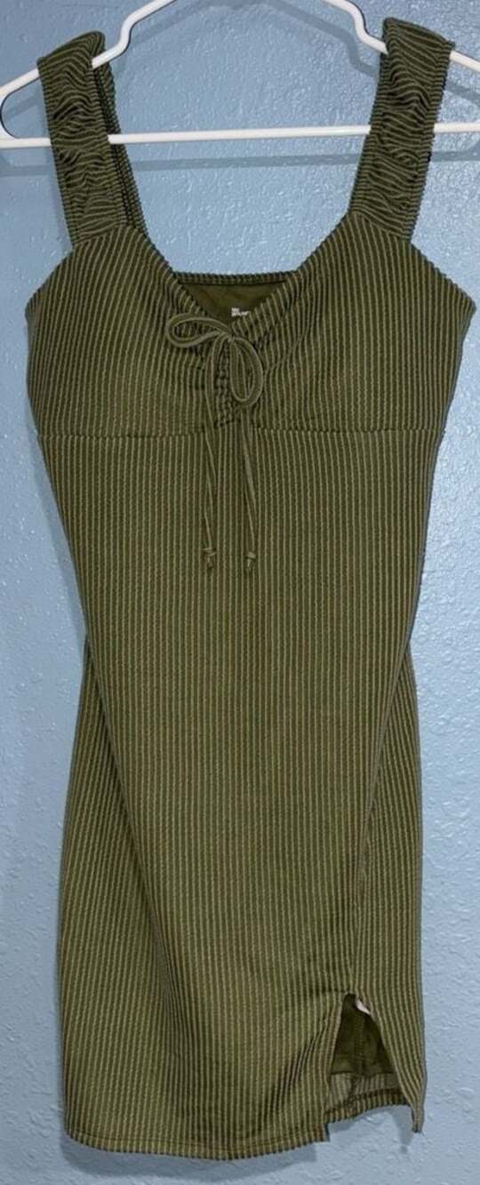 No Boundaries Ribbed Knit Olive Green Mini Dress with Ruffle Straps and Tie Fron